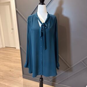 Teal Button-Up Blouse with Bow Tie Reitman
